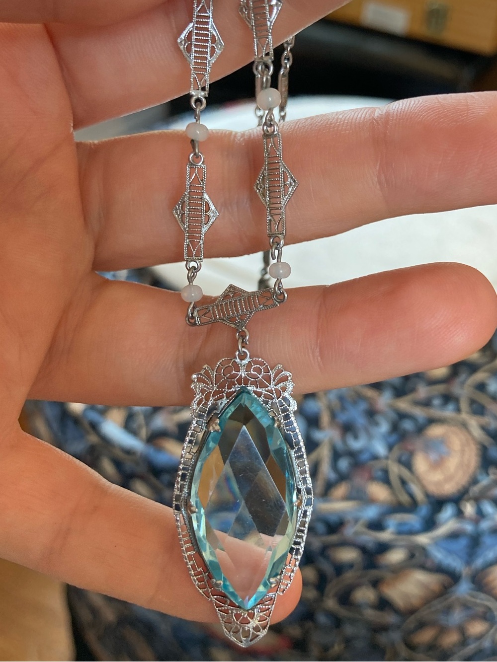 Antique Edwardian Choker Paste Aquamarine Blue Lavaliere Necklace “xxx” Motifs - Picture 5 of 16